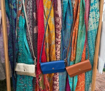 Silk Kantha scarves and small leather bags