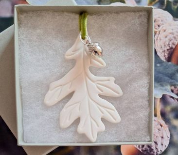 Oak Leaf & Silver Acorn Charm on Green Velvet Ribbon