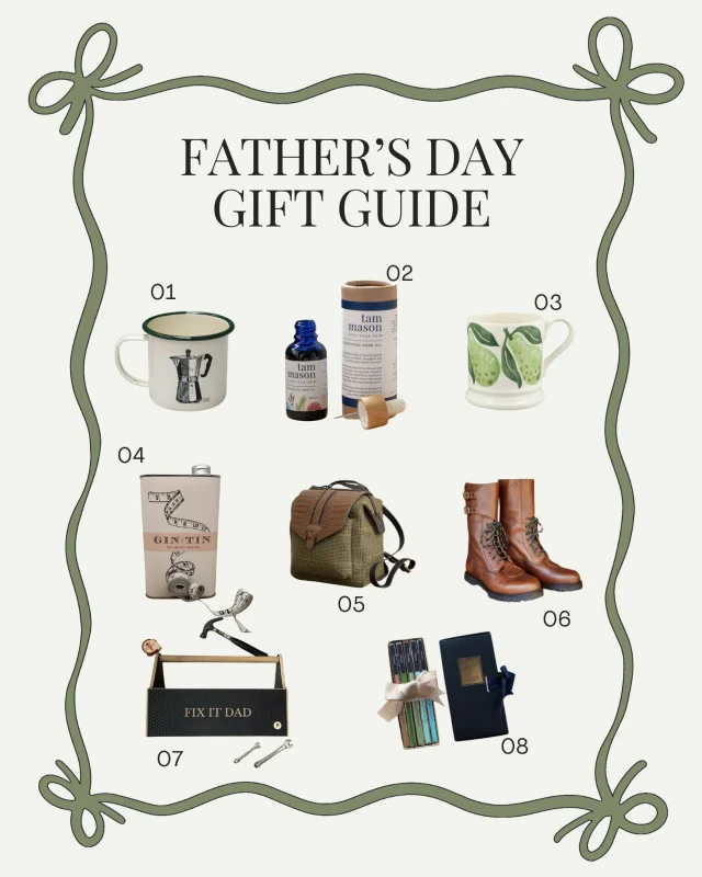 Looking for something special this Father's Day? We've rounded up a few favourites from our Country Living artisans and friends – perfect for dads who love a little charm and craftsmanship:

1. Ammonite Etched Enamel Mug – Lino Lord
2. Neroli Nourishing Hand Oil – Tam Mason Skincare
3. 'Mon Père' ½ Pint Mug – Emma Bridgewater
4. The Perfect Measure Tin of Gin – Gin in a Tin
5. Bramham Tweed Rucksack – Barkworth Reeve
6. Men’s Country Boot – Field and Moor
7. Wooden Tool Box – Chester & Cooke
8. Pick-your-own Chocolate Gift Box – Salcombe Dairy

Find more thoughtful gifts over on the Country Living Marketplace. 💚